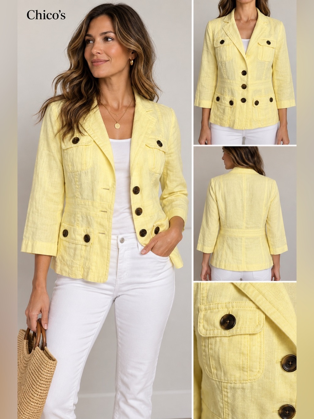 Chico's Yellow linen utility jacket Women's size 0 button front lightweight